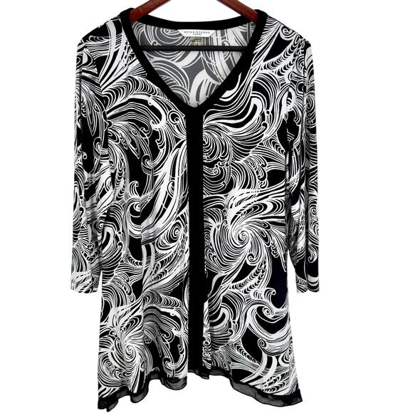 Peter Nygard Woman Plus Size 1X Black White Stretchy Blouse Shirt Top Artsy - Picture 1 of 7